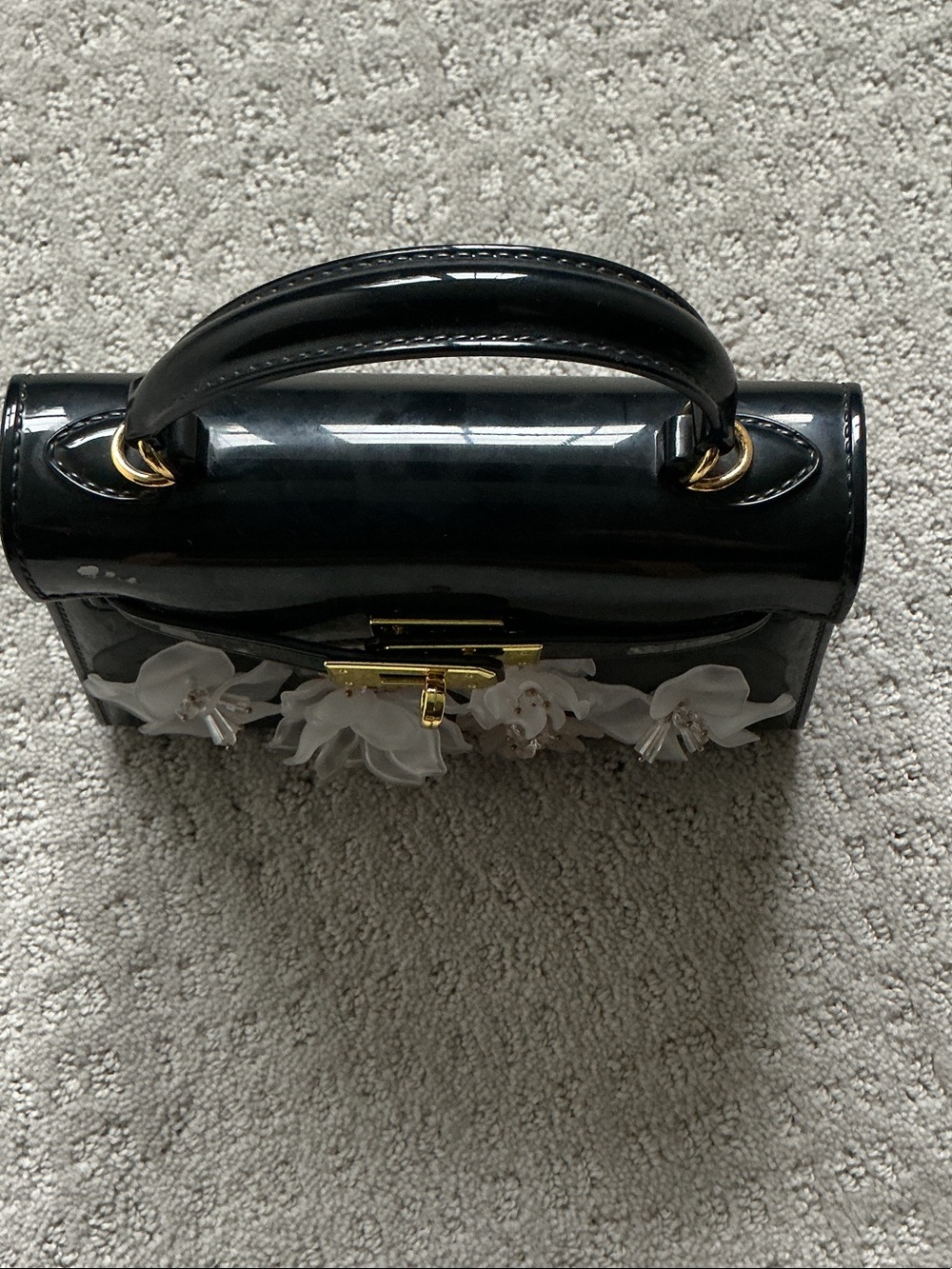 Black Floral Applique Patent Top-Handle Bag with Birkin style clasp - Picture 2 of 6